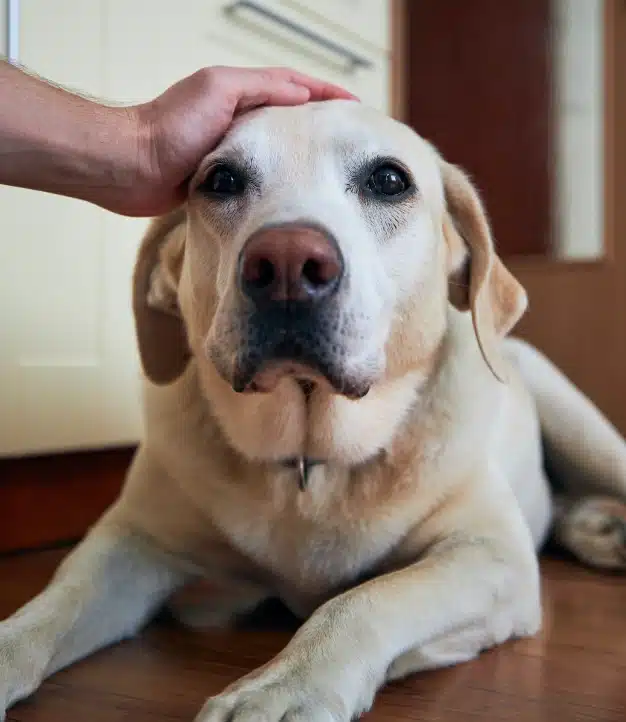 Senior yellow Labrador being petted on the head by its owner, representing urgent pet care services in Oviedo, FL